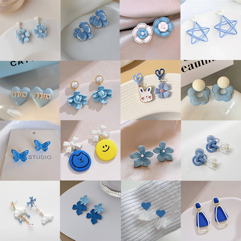 新款热卖蓝色系耳钉小众简约设计感花朵心形耳环显白百搭女耳饰