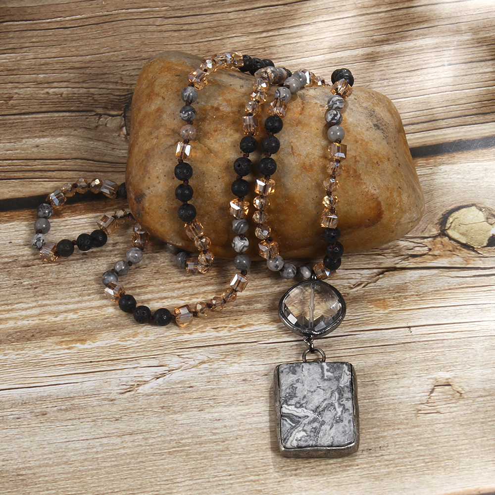 65g Weight Natural Stone Pendant Material Pendant Necklace Classification Natural Stone Chain Material Beaded Chain Chain Type 1 Piece Quantity Holiday Occasion natural stone Material Geometric Pattern Women's Gender Retro Style Retro Geometric Natural Stone Beaded Chain Pendant Necklace In Bulk 5