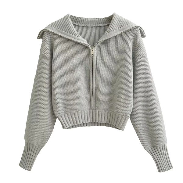 Retro solid color short knitted sweater with zipper