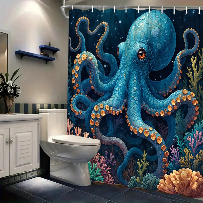 Dark Blue Octopus Shower Curtain with Gold Suction Cups, Coral Seaweed and Navy Art Design