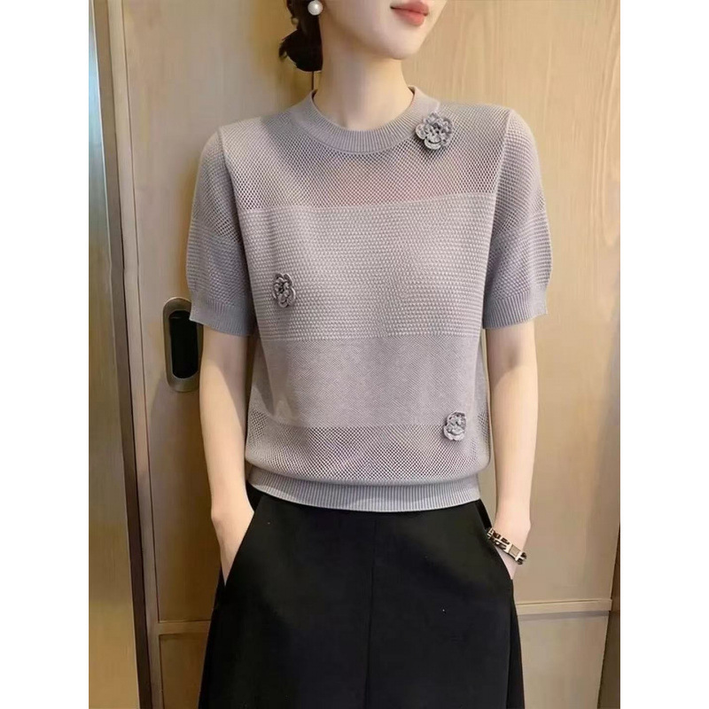 Gray Round-Neck Three-Dimensional Floral Hollow-Out Knit Sweater for Women, 2026 Summer New Style, Short-Sleeve, Thin Design Top