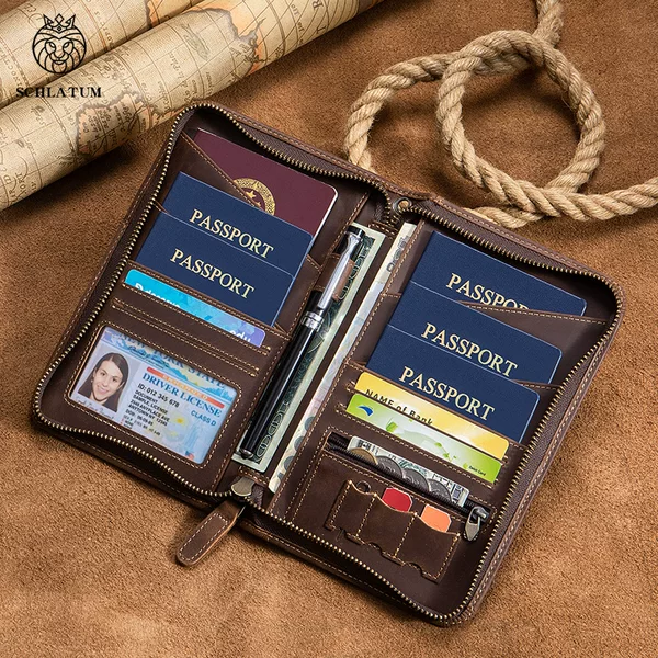 Leather Travel Passport Holder with Multiple Card Slots, Vintage Style, for Men, Made in Europe and America