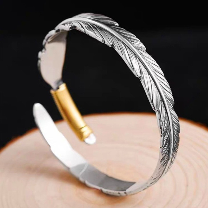 Vintage Golden Tail Feather Bracelet Men's Trendy Distinctive Antique Style Old Design Hand Jewelry Feather Opening Bracelet