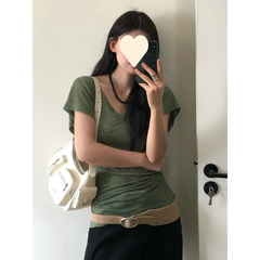 【天丝螺纹】韩系复古慵懒风纯色v领短袖T恤女时尚百搭气质上衣