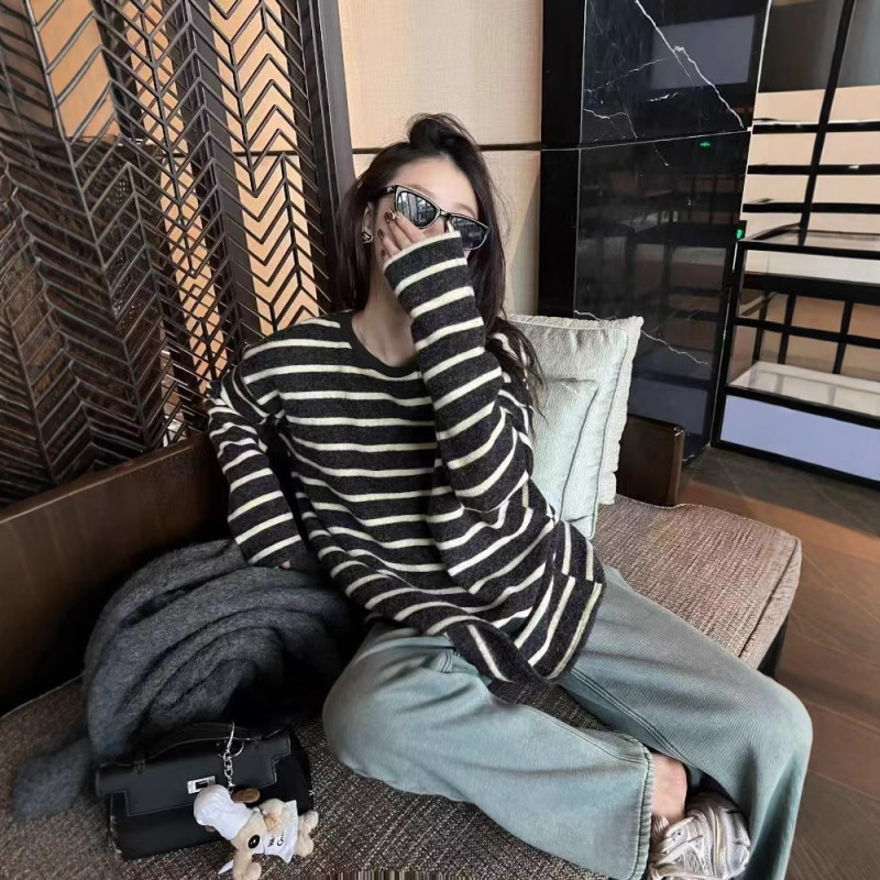 条纹长袖针织衫女2025秋季新款韩系慵懒风宽松中长款毛衣圆领上衣|undefined