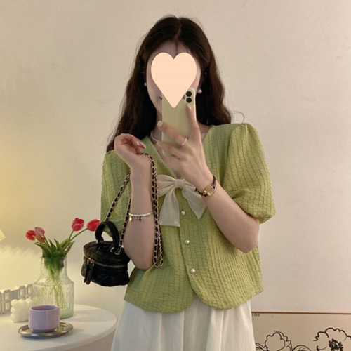 Butterfly knot women's design sense niche summer Korean style gentle sweet bubble sleeve short snow silk top