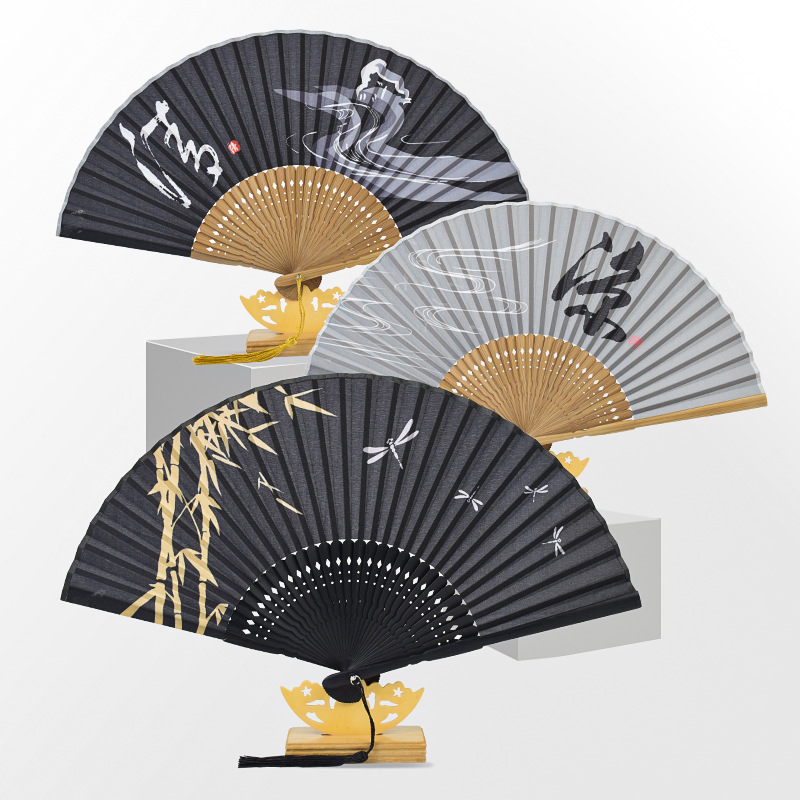 Estilo chino de bambú mango kimono ventilador de algodón de poliéster ventilador Zen estilo japonés ventilador plegable de La libélula tinta concepción artística vacía fresco