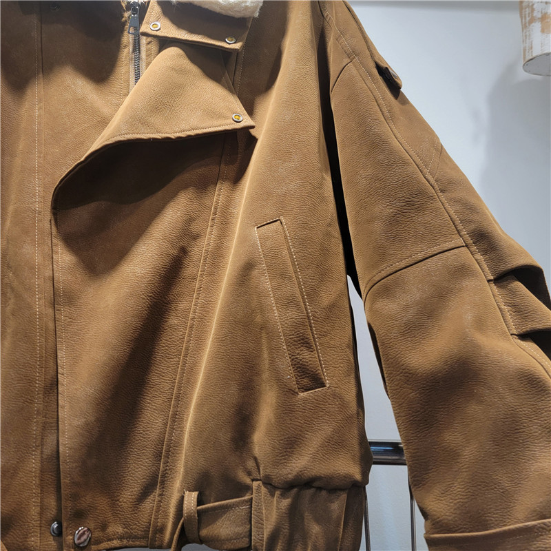 2025冬季新款美式复古宽松PU皮加厚外套女设计感机车服夹克上衣|undefined