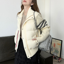 tb秋冬四道杠撞色条纹拼接针织翻领白鸭绒羽绒服小个子短款女外套