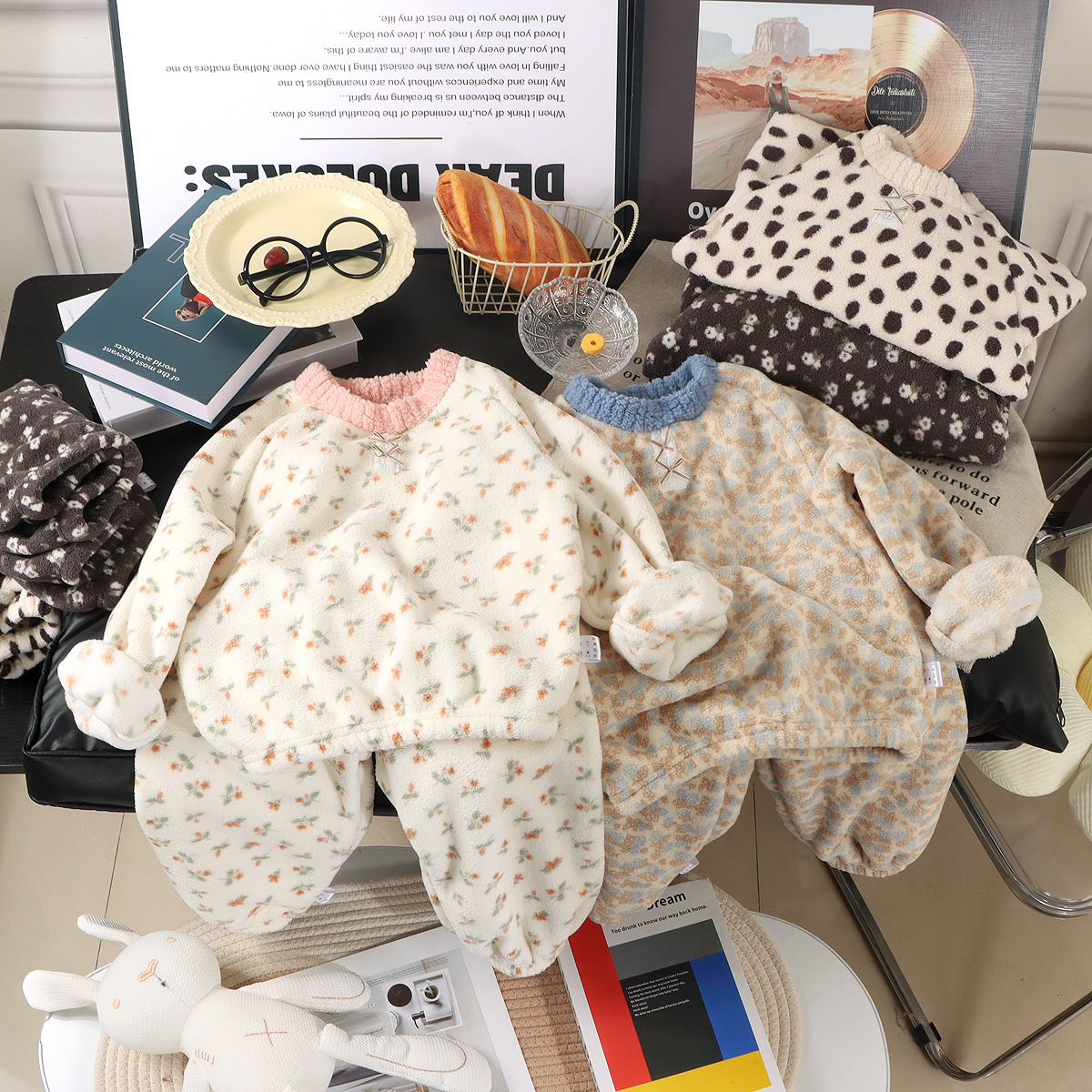 New Winter Thickeneded Suit for Small and Medium-Sized Children, Boys and Girls, Double-Sided Velvet, Cute Printed Home Clothes, Baby Pullover Pajamas