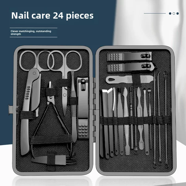 Black Nail Clipper Set, Full Set of 24-piece Stainless Steel Nail Clippers, Dead Skin Scissors, Eyebrow Clips, Pedicure Tools for Home Use