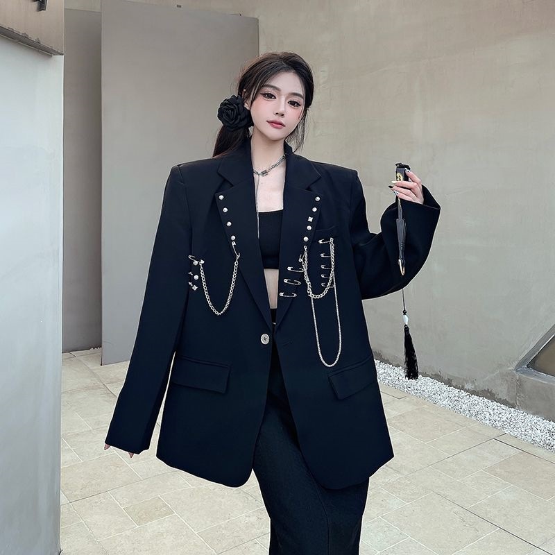 Unique design chain-link black blazer for women, new autumn style, loose and casual silhouette, unisex padded shoulder suit.