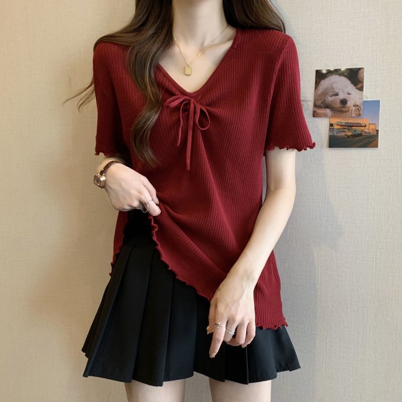 Ice Silk Ribbed Short-Sleeve T-Shirt for Women, Summer 2026 New Korean Style, Plus Size, Slimming, Age-Reducing, Large Size, Red Top