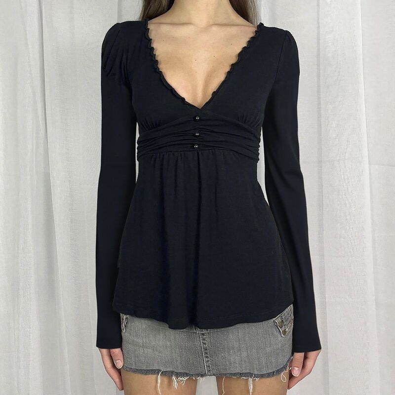 European and American Pure Lust Style Lace Ear Splicing Long-Sleeved T-Shirt Sexy Sexy Low-Cut V Neck A-Hem Babydoll Top European and American Pure Lust Style Lace Ear Splicing Long-Sleeved T-Shirt Sexy Sexy Low-Cut V Neck A-Hem Babydoll Top