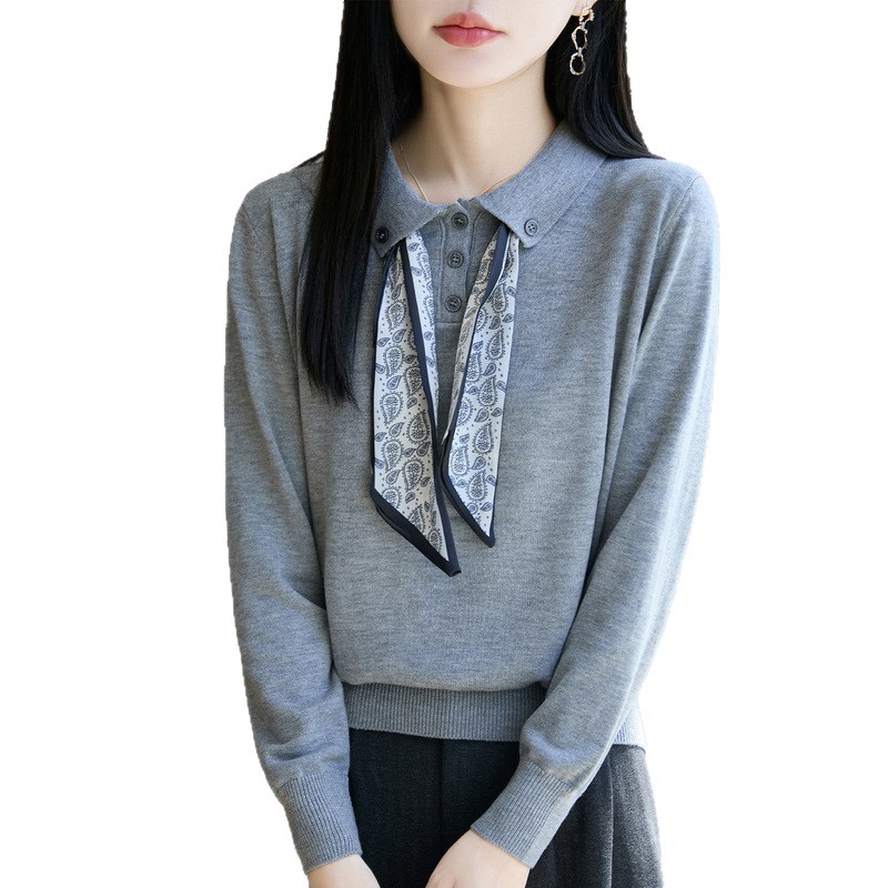 丝巾polo领衬衣长袖女2025秋季新款设计感羊毛针织衫气质上衣|undefined