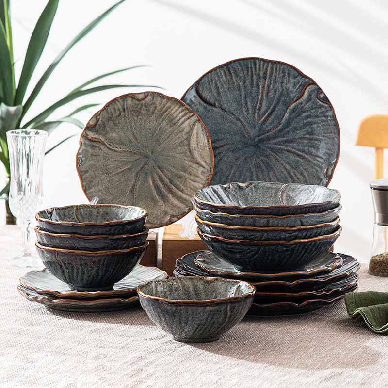 Foreign Trade Export Kiln Change 16-piece Set Ceramic Tableware Light Luxury Retro Home Dinner Bowl Combination suit Amazon