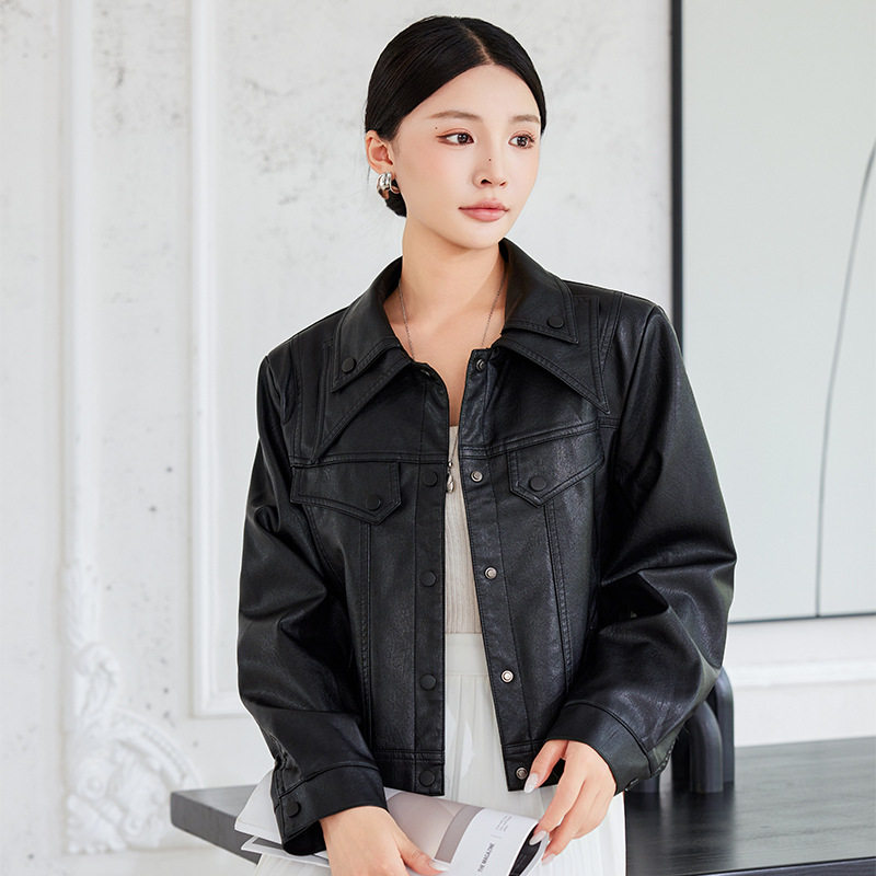 Áo khoác da nữ dáng ngắn phong cách biker, tay dài cổ lật, chất liệu PU — Trang chủ, đen chi tiết 6