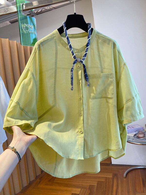 White Tie-Front Three-Quarter Sleeve Shirt for Women, 2026 New Style, Loose Fit, Versatile, Short Front and Long Back, Round Neck Top for Summer White Tie-Front Three-Quarter Sleeve Shirt for Women, 2026 New Style, Loose Fit, Versatile, Short Front and Long Back, Round Neck Top for Summer