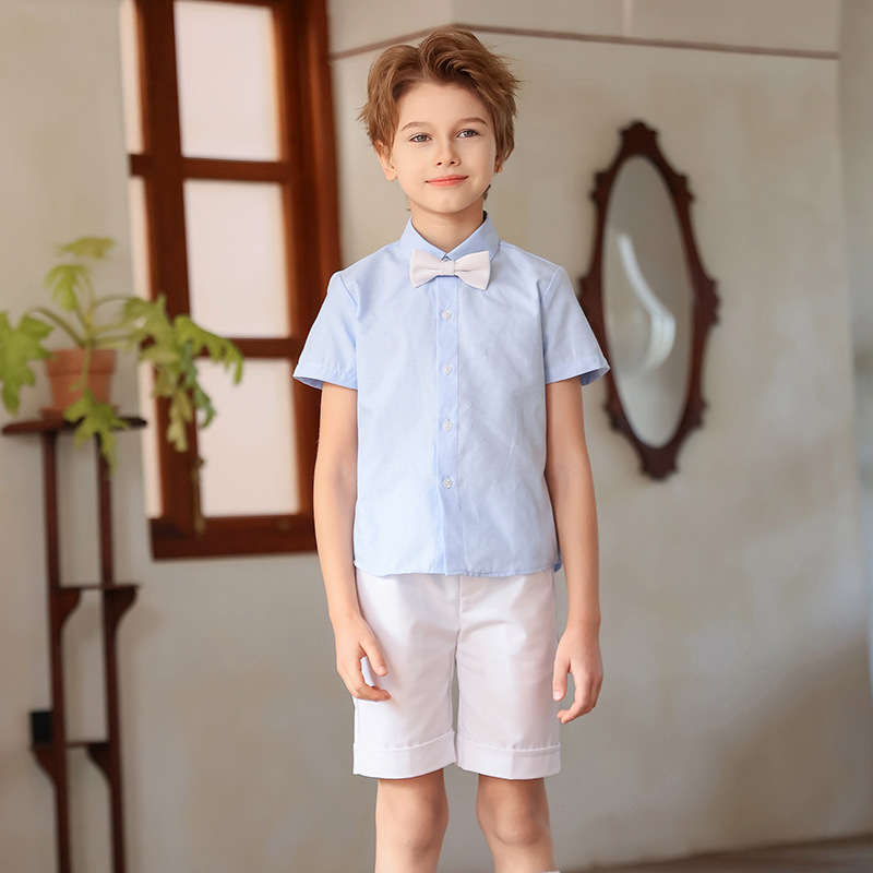 Traje de vestir para niños Traje de actuación de manga corta de verano para niños Anfitrión de piano Traje de interpretación de recitación del Día del Niño al por mayor