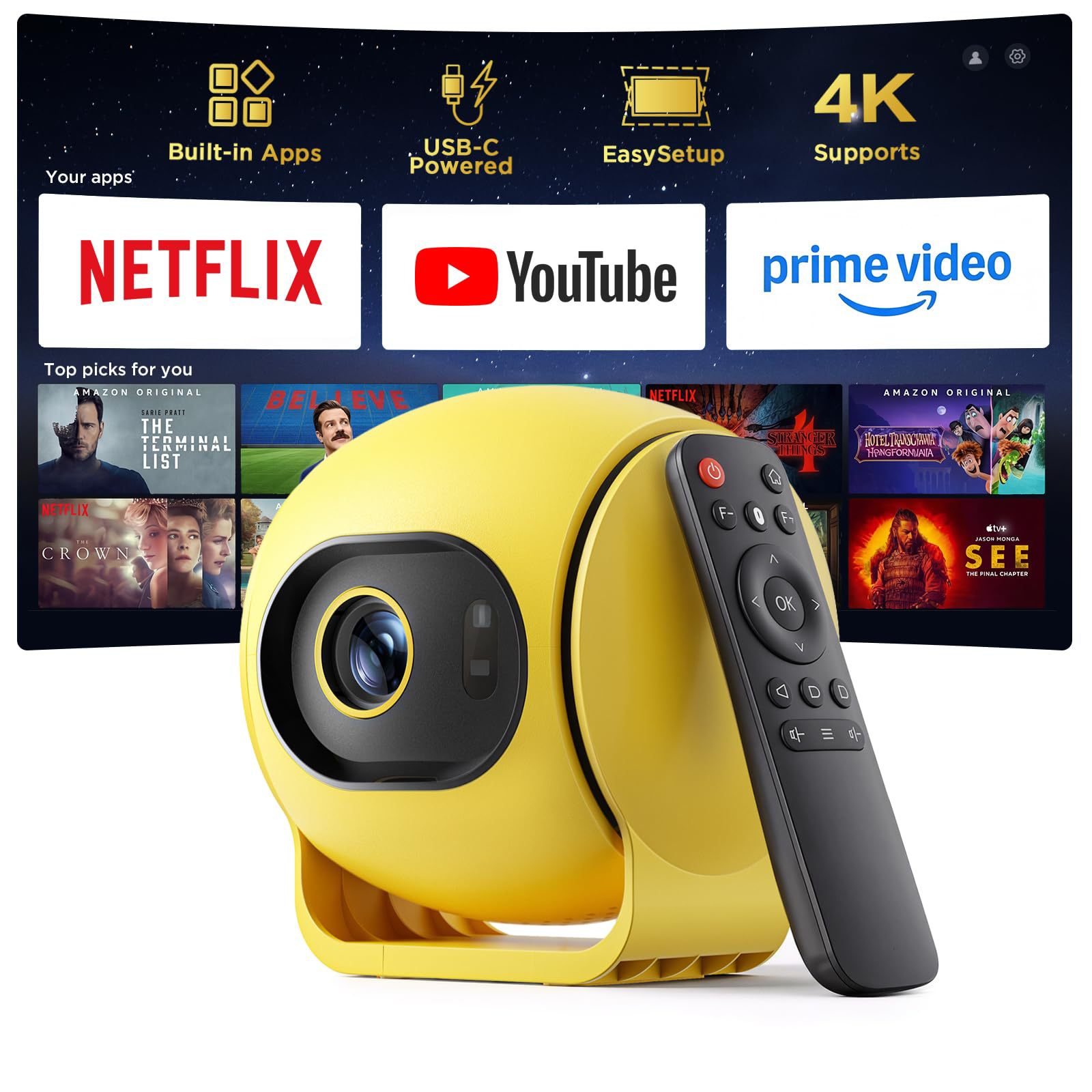 Android 14 Smart Projector with WiFi and Bluetooth, FHD