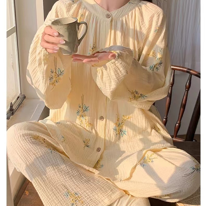 大码200斤长袖睡衣女士春秋季简约甜美风碎花宽松孕妇家居服套装
