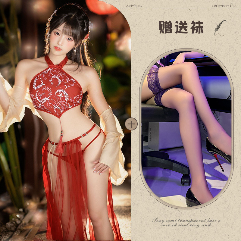 사진색상 [복대+소매와 숄+스플릿 거즈 스커트+T바지]+블랙 스타킹