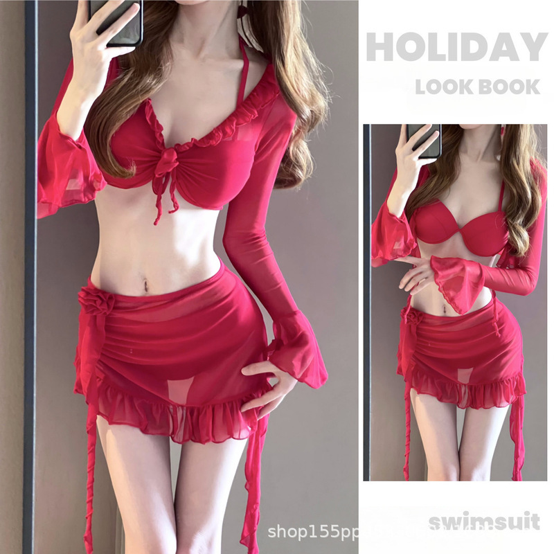 New Red Two-Piece Swimwear with Long Sleeves, Sun Protection Cover-Up, Small Bust Underwire Push-Up Swimsuit, Bolisi 2434