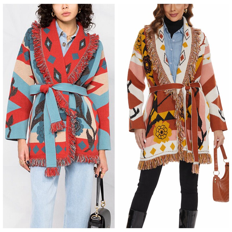 Cross-border European and American Autumn and Winter Rose Retro Sweater Cardigan Bohemian Style Thickened Mid-long Tassel Jacket for Women