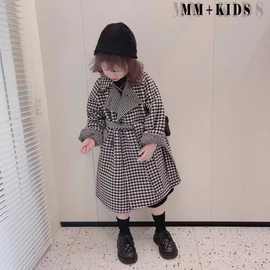 女童韩版尼子大衣春秋中长款毛呢外套加厚时尚网红千鸟格翻领