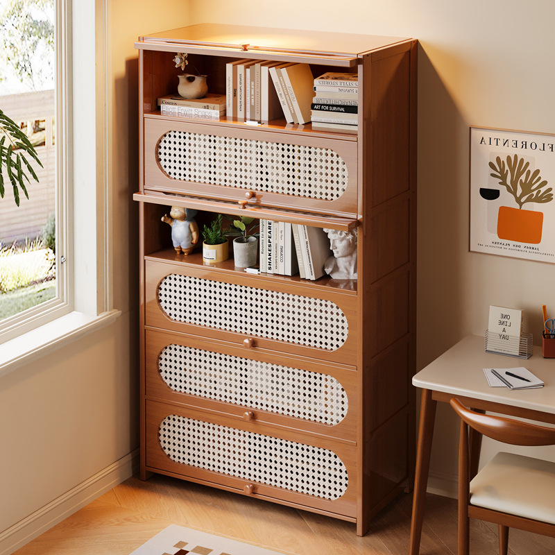 Multi-Layer Bookcase, Retro Rattan Entrance Cabinet, American Tipping Cabinet, Storage Cabinet, Large-Capacity Storage Floor-Standing Display Cabinet