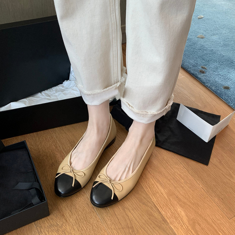 羊皮版~小香风真皮鞋子蝴蝶结拼色浅口单鞋女平底圆头奶奶鞋瓢鞋|undefined