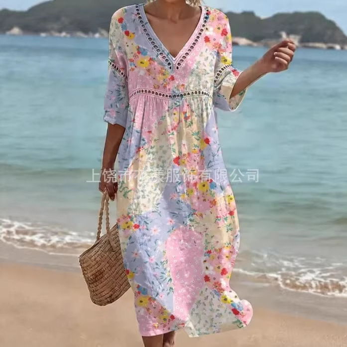(Actual Product Does Not Have Holes, 3D Printing Effect) Women's New Summer Clothing, Women's Bohemian Long Lantern Sleeves