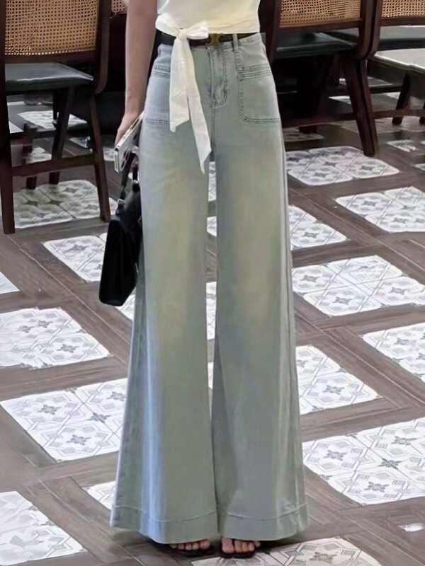 Hong Kong Style Retro Washed Lazy Wide-Leg Jeans for Women, Petite Loose Fit, Stretchy, Slimming, Flared, Drapey, Floor-Length Pants Hong Kong Style Retro Washed Lazy Wide-Leg Jeans for Women, Petite Loose Fit, Stretchy, Slimming, Flared, Drapey, Floor-Length Pants