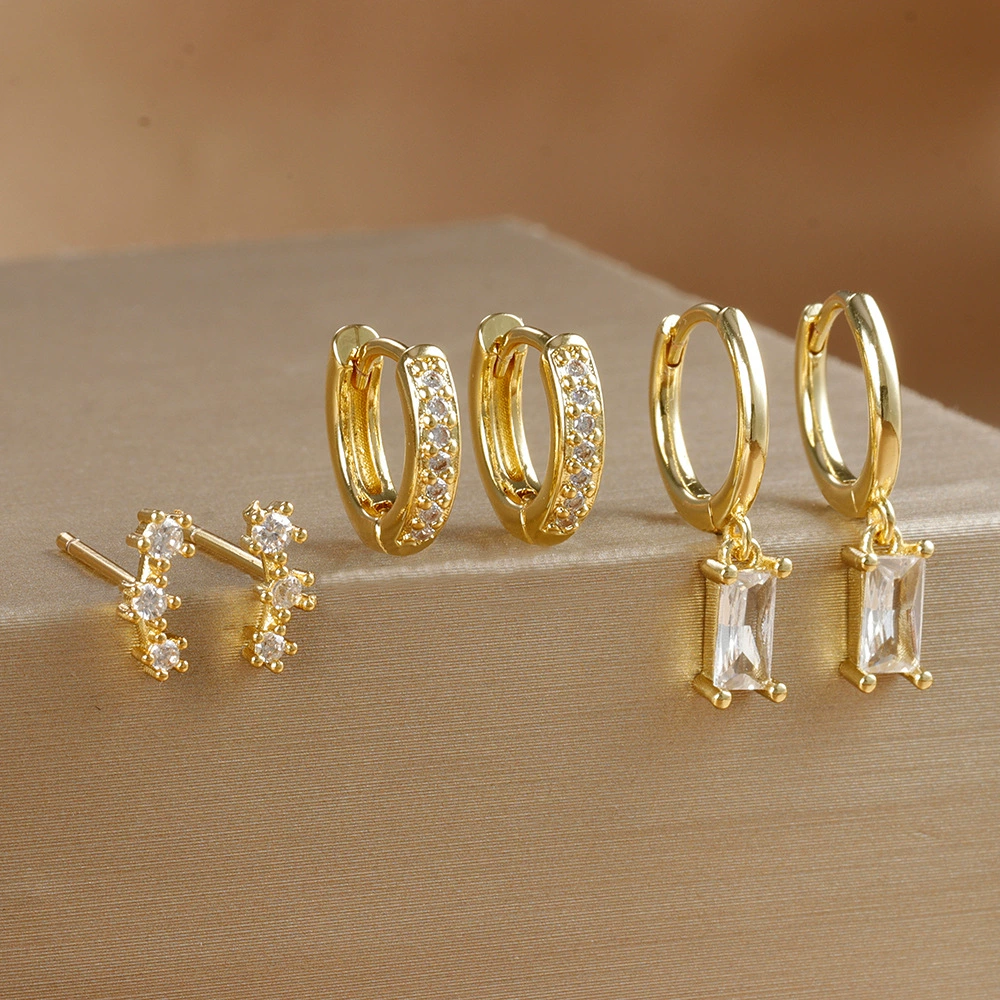 Rectangular earrings, fashionable trend set with zircon, Amazon, 14 carat, micro incrustation, ear protection
