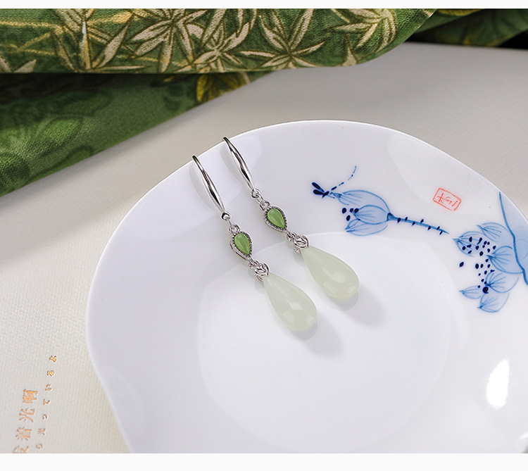 Bông tai bạc S925 mạ vàng đính ngọc Hetian hình giọt nước phong cách cổ điển — Mẫu bạc chi tiết 7