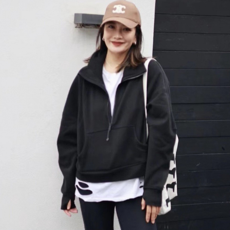 Foreign Trade Label Scuba Stand Collar Half-Zip Loose Lulu Sweatshirt Fleece-Lined Yoga Wear Women's Embroidered Casual Jacket