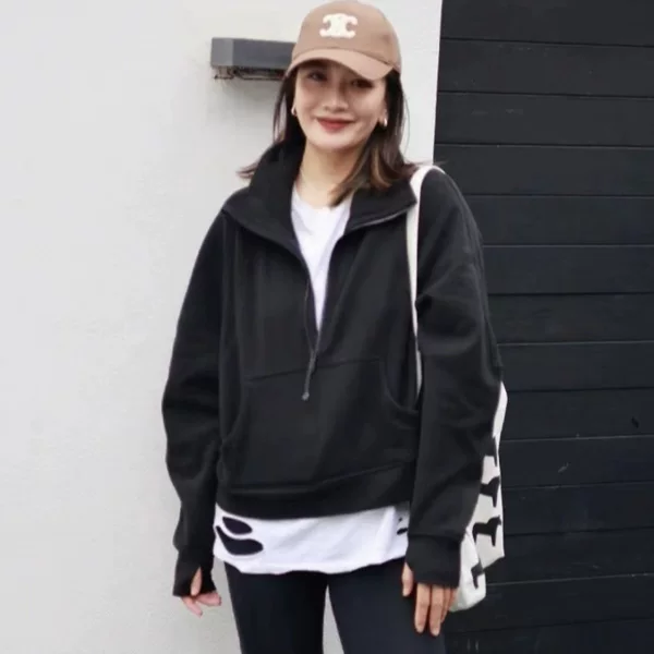 Foreign Trade Label Scuba Stand Collar Half-Zip Loose Lulu Sweatshirt Fleece-Lined Yoga Wear Women's Embroidered Casual Jacket