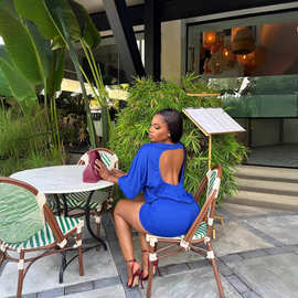 跨境秋季新款欧美女装时尚纯色圆领长袖性感露背修身包臀连衣裙女