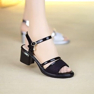 Soft Leather Women's Outer Sandals Open-Toe Non-Slip 2025 Summer New Fashion Versatile Mid-Heel One-Line Buckle Women's Shoes