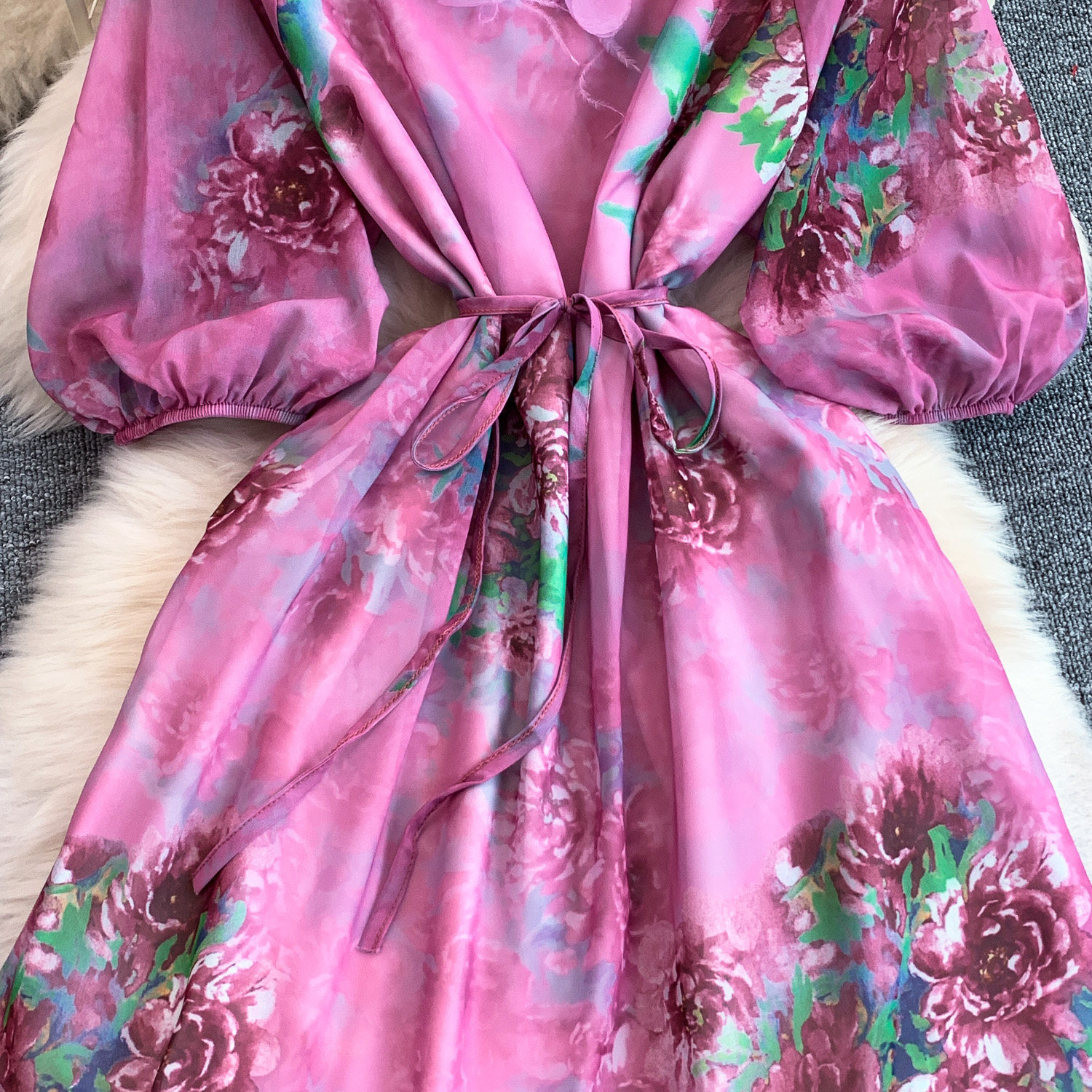 Women's Floral Ruffle Hem Maxi Dress with Puff Sleeves Elegant Romantic Design Flowy Chiffon One Size Fits Most_ecoleips.com