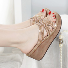 休闲舒适新款商场同款坡跟女拖鞋高跟水钻百搭时尚轻底防滑女鞋夏