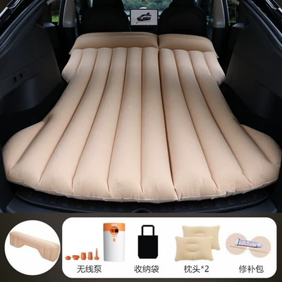 Rear Sleeping Pad Car Travel | Vehicle-mounted inflatable bed - beige-tesla-model-y-with-round-white-and-orange-pump-1-long-pier