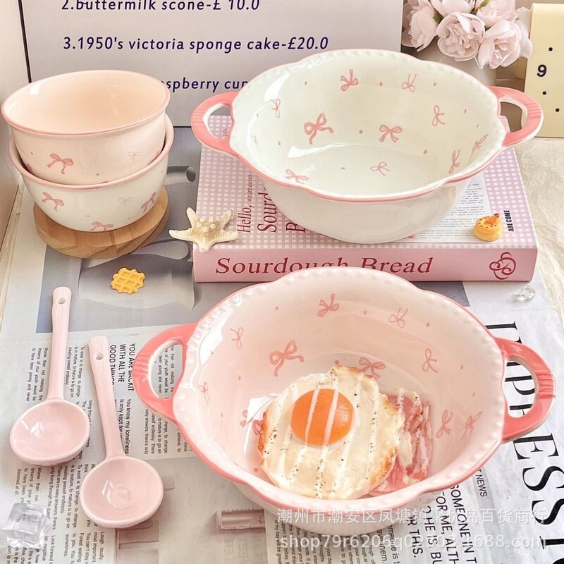 Pink Girly Heart Bow Double-Eared Large Soup Bowl Ceramic Household Tableware Set Large-Capacity Instant Noodle Bowl Snail Rice Noodles