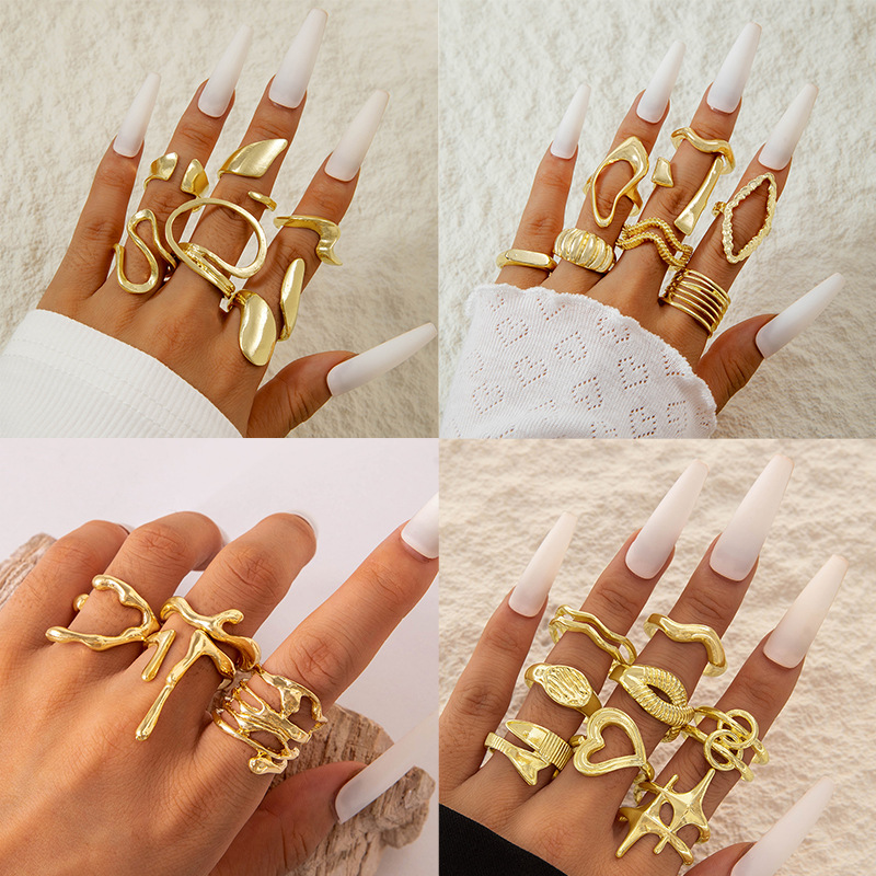 European and American Jewelry, Fashionable Irregular Hollow Electroplated Rings, Geometric Design Butterfly Open Ring Set for Women