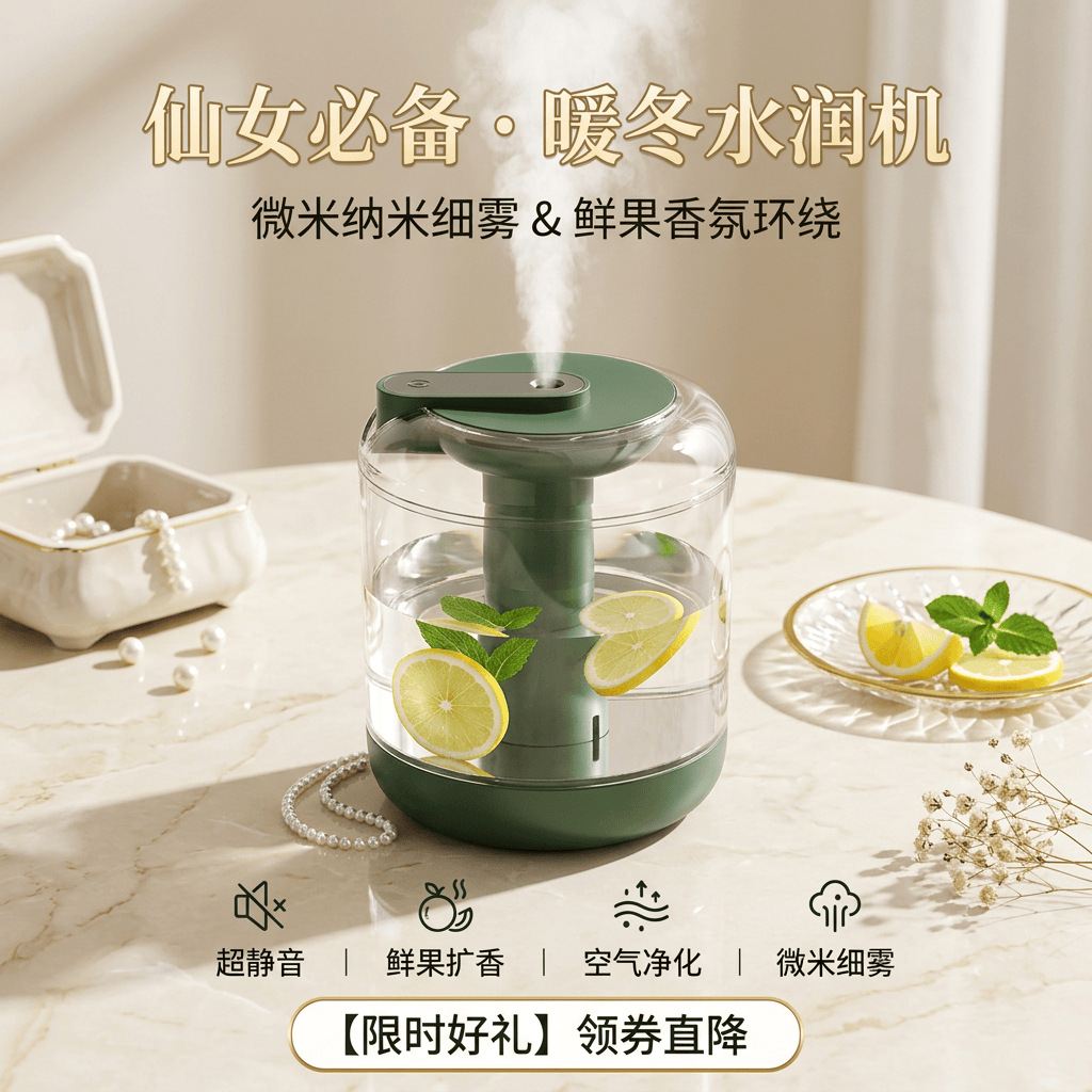 Humidificador y purificador de aire transfronterizo BF143 con aroma a flores y frutas para uso doméstico, gran capacidad con luz nocturna, se pueden añadir pétalos y limón.