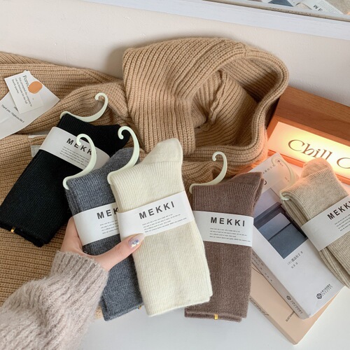 Double-Needle Anti-Pilling Grinding Wool Socks - Slim Ins Trend Autumn/Winter Warm Thick Women's Medium Calf Socks Solid Brown Women's Socks