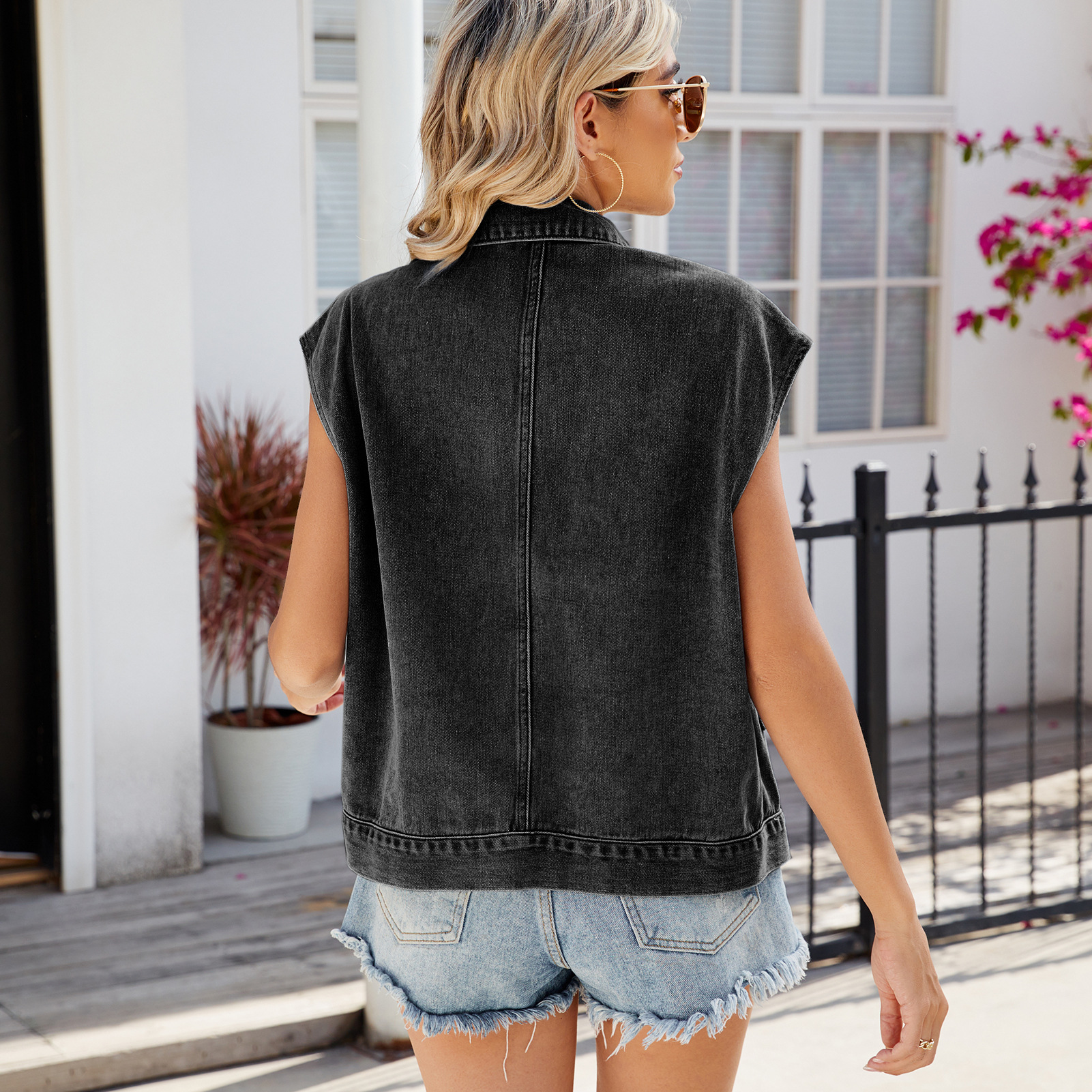 Gilet en jean délavé à une rangée pour femme, nouveau style d'été, tendance_voghion.com