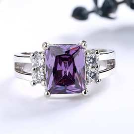 厂家直销欧美公主长方形锆石指环简约紫色女士手饰