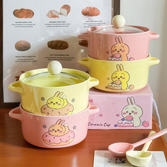 高い顔の値のかわいい食器の陶磁器の泡の碗は子供の茶碗の学生の寮のインスタントラーメンの碗の双耳のスープの碗を持ちます。