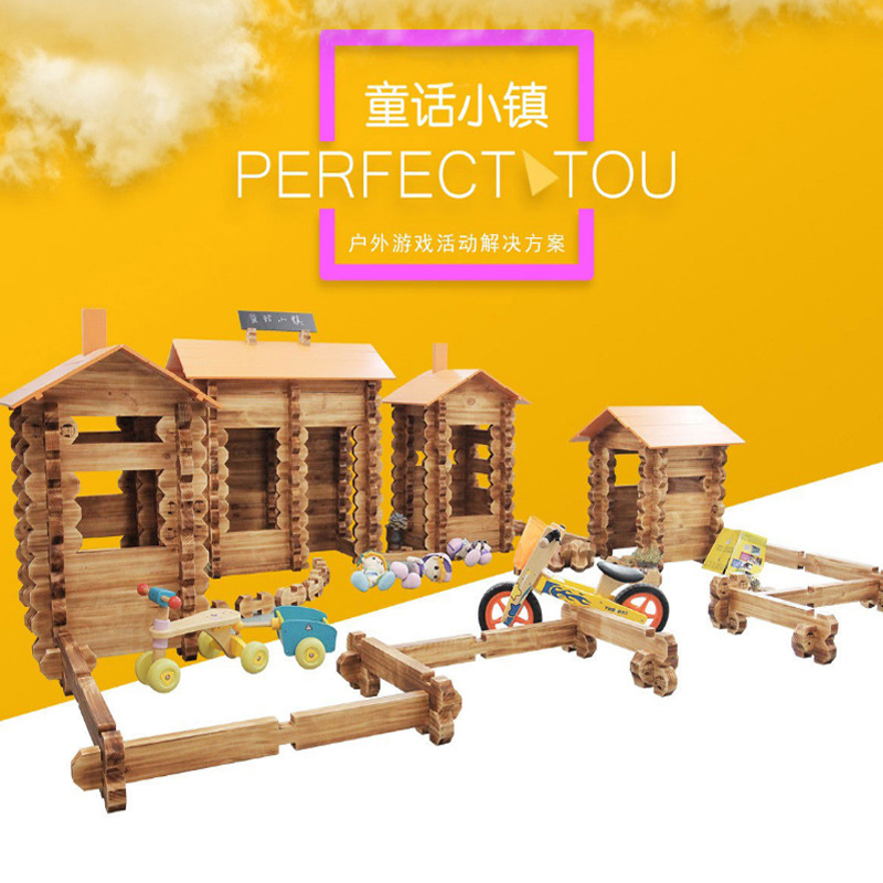 Kindergarten Large Carbonized Anji Game Fairy Tale Town Building Blocks Outdoor Craftsman Building Children's Clear Water